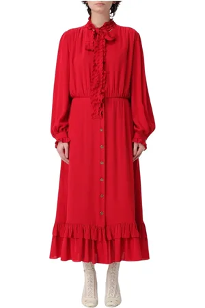 VALENTINO Sukienki, Kobieta, Czerwony, S, Len, Elegancka Ruffled Midi Sukienka