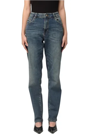 VERSACE Jeansy, Kobieta, Niebieski, W26, Denim, Niebieskie Dżinsy z Haftowanym Logo