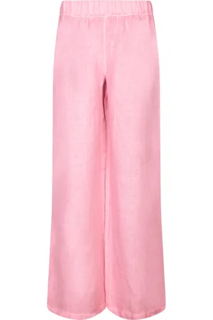 120% Lino Spodnie, Kobieta, Różowy, L, Geranium Lniane Spodnie Wide-leg