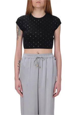 Elisabetta Franchi Koszulki, Kobieta, Czarny, L, Żółty Crop Top z Kamieniami