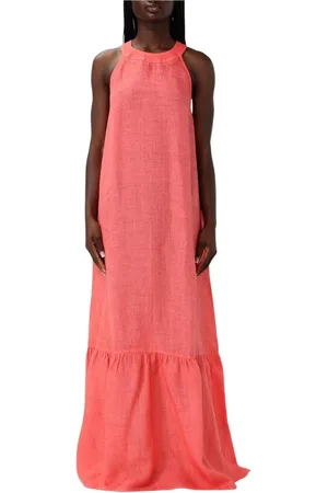 120% Lino Sukienki, Kobieta, Czerwony, M, Elegancka Sukienka Maxi z Lnu z Falbaną