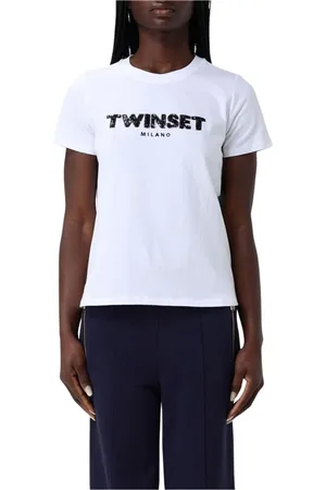 Twin-Set Koszulki, Kobieta, Biały, S, Bluza z cekinowym logo Sukienka