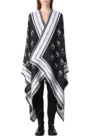 Pinko Kurtki, Kobieta, Czarny, ONE SIZE, Czarna Płaszcz Ponczo z Frędzlami