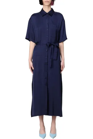 Kaos Sukienki, Kobieta, Niebieski, L, Elegancka Sukienka Midi z Rozkloszowanym Dołem