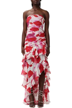 BLUMARINE Sukienki, Kobieta, Czerwony, S, Elegancka Kwiatowa Suknia Jedwabna High Low