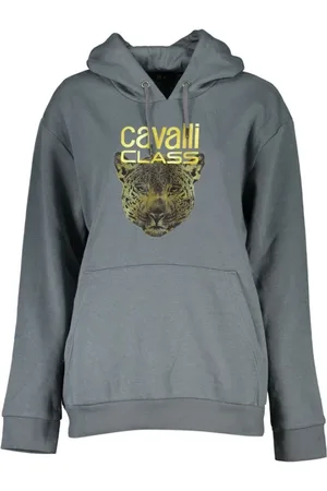 Roberto Cavalli Bluzy, Kobieta, Szary, M, Szara bluza z kapturem i nadrukiem