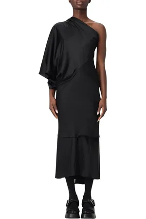 Rick Owens Sukienki, Kobieta, Czarny, S, Czarna Satynowa Sukienka Midi z Jednym Ramieniem