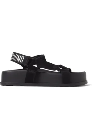 Moschino Buty, Kobieta, Czarny, 41 EU, Zamsz, Czarna Sandał z Logiem i Podeszwą Platformową