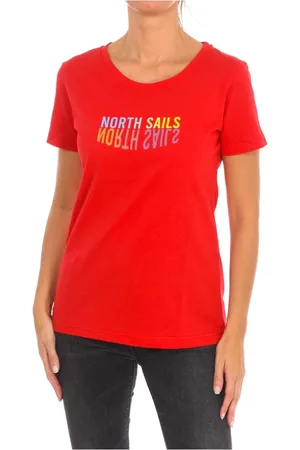 North Sails Koszulki, Kobieta, Czerwony, M, Bawełna, T-shirt z Krótkim Rękawem i Żebrowaną Głęboką