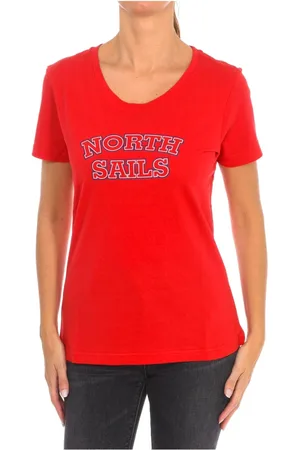 North Sails Koszulki, Kobieta, Czerwony, L, Bawełna, T-shirt z Krótkim Rękawem i Żebrowanym Dekoltem