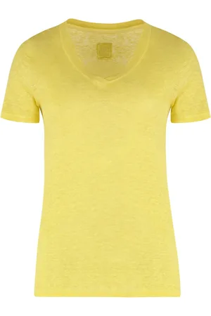 120% Lino Koszulki, Kobieta, Żółty, M, T-shirt z lnem i dekoltem w serek