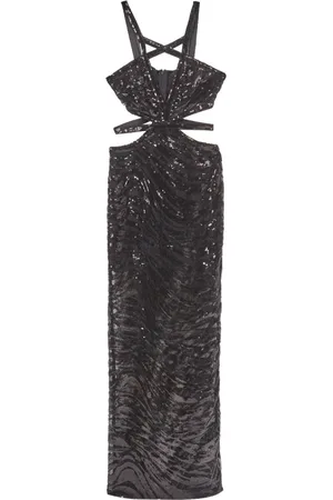 Roberto Cavalli Sukienki, Kobieta, Czarny, XS, Poliester, Długa Koronkowa Sukienka Tygrysia
