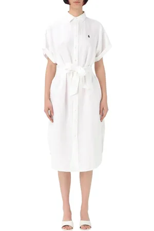Ralph Lauren Sukienki, Kobieta, Biały, L, Granatowa Sukienka z Lnu Elegancki Styl