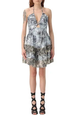 Roberto Cavalli Sukienki, Kobieta, Wielobarwność, S, Niebieska Koronkowa Sukienka Midi Elegancki Styl