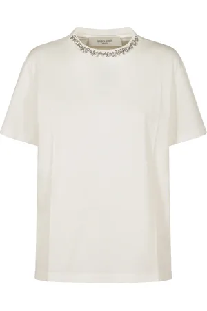 Golden Goose Koszulki, Kobieta, Biały, L, Zniszczony Bawełniany T-shirt z Haftem