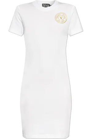 VERSACE Sukienki, Kobieta, Biały, 2XS, Sukienka z nadrukowanym logo