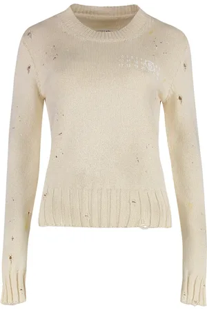 Maison Margiela Swetry, Kobieta, Beżowy, L, Rozpryskany Sweter z dekoldem