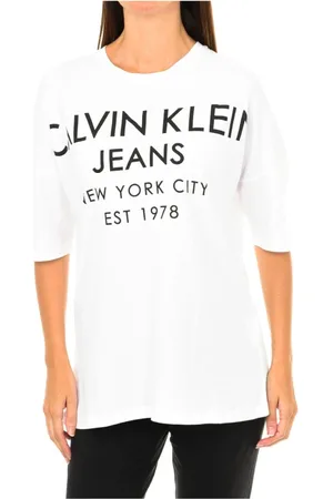Calvin Klein Koszulki, Kobieta, Biały, S, Bawełna, T-shirt z krótkim rękawem i ściągaczem