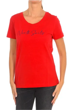 North Sails Koszulki, Kobieta, Czerwony, XL, Bawełna, T-shirt z Krótkim Rękawem i Żebrowaną Głęboką