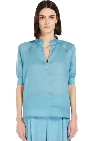 Max Mara Bluzki, Kobieta, Niebieski, M, Niebieska Bluzka z Rękawami Raglan i Falbanami