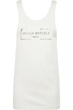 Maison Margiela Koszulki, Kobieta, Beżowy, S, Bawełniana Koszulka z Nadrukiem Logo