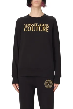 VERSACE Bluzy, Kobieta, Czarny, S, Czarny Sweter z Logo i Haftem