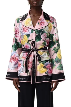 Dolce & Gabbana Bluzki, Kobieta, Wielobarwność, L, Różowa Kwiatowa Jedwabna Koszula z Paskiem