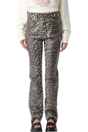 Ganni Jeansy, Kobieta, brązowy, W28, Leopard Print Straight Leg Jeansy