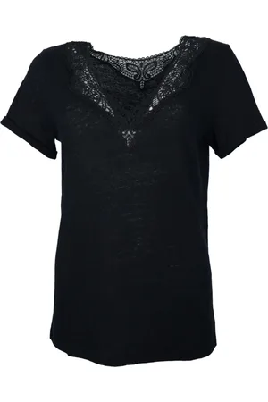 HUGO BOSS Bluzki, Kobieta, Czarny, L, Len, Koszulka lniana z koronkowymi detalami