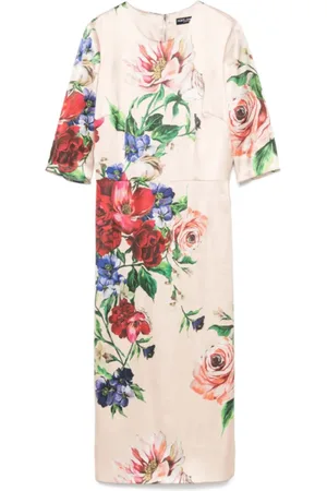 Dolce & Gabbana Sukienki, Kobieta, Wielobarwność, XS, Pudroworóżowa Sukienka z Kwiatowym Nadrukiem
