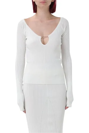 Jacquemus Swetry, Kobieta, Biały, XS, Żakardowy Sweter z Wycięciem V i Złotym Łańcuszkiem