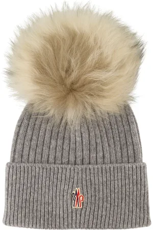 Moncler Akcesoria, Kobieta, Szary, ONE SIZE, Kaszmir, Pomponowy Kaszmirowy Beanie Szary