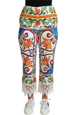 Dolce & Gabbana Spodnie, Kobieta, Wielobarwność, XS, Bawełna, Majolika Spodnie z Wysokim Stanem