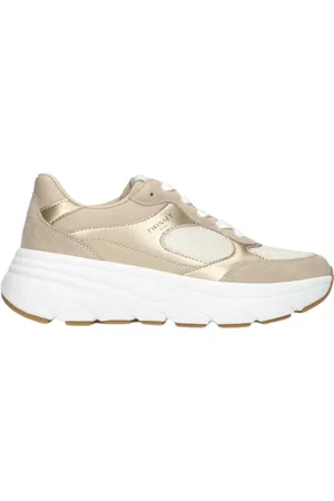 Twin-Set Buty, Kobieta, Żółty, 36 EU, Zamsz, Złote płaskie buty sportowe z grubą podeszwą