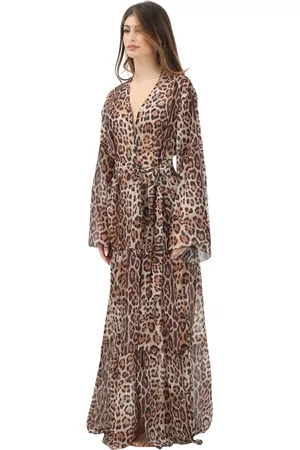 4GIVENESS Sukienki, Kobieta, brązowy, S, Len, Sukienka Kimono z Wzorem Leoparda