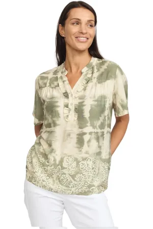 2-Biz Bluzki, Kobieta, Wielobarwność, XL, Khaki Border Bluzka z dekoltem w serek