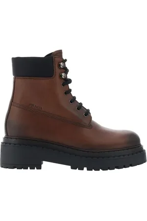 Prada Buty, Kobieta, brązowy, 38 EU, Skórzane botki sznurowane okrągły nosek
