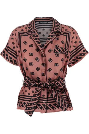 Dolce & Gabbana Bluzki, Kobieta, Różowy, XS, Różowa Koszula z Logo z Jedwabnym Paskiem Kobieta