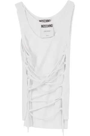 Moschino Koszulki, Kobieta, Biały, S, Biały Koronkowy Bezrękawnik W żebrowane