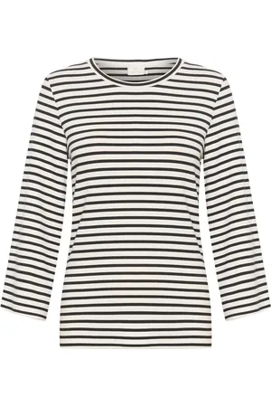 Kaffe Koszulki, Kobieta, Beżowy, 2XL, Bawełna, Bluzka z paskami 3/4 rękaw