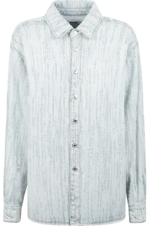 Msgm Koszule, Mężczyzna, Niebieski, L, Denim, Zniszczona koszula z denimem z haftowanym logo