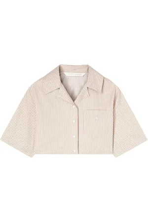 Palm Angels Bluzki, Kobieta, Beżowy, 2XS, Koszula w Paski z Nadrukiem Logo