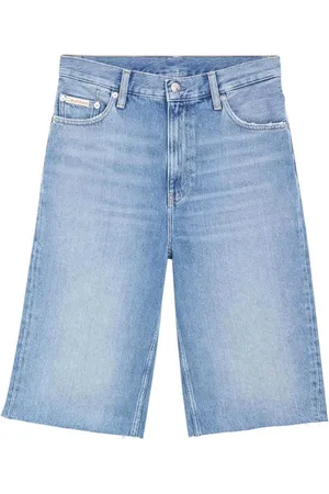 Calvin Klein Szorty, Kobieta, Niebieski, W28, Denim, Denimowe Szorty Bermuda z Poszarpanym Brzegiem