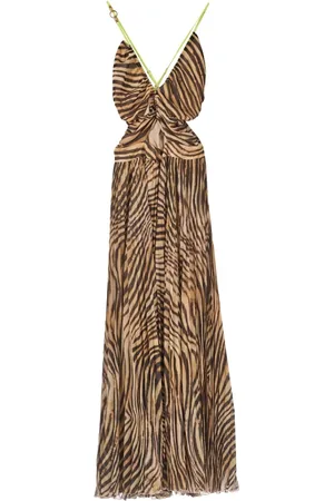 Roberto Cavalli Sukienki, Kobieta, Wielobarwność, S, Poliester, Sukienka Plisowana z Georgette w Wzór Tygrysa