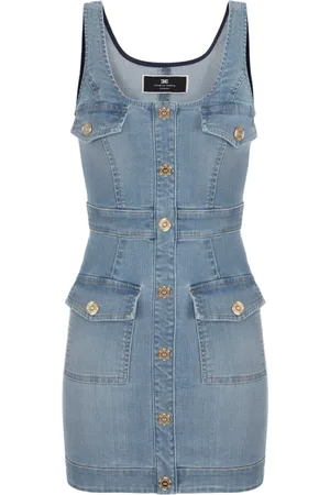 Elisabetta Franchi Sukienki, Kobieta, Niebieski, L, Denim, Denimowa Sukienka Mini z Guzikami