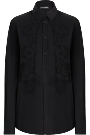Dolce & Gabbana Bluzki, Kobieta, Czarny, L, Spandex, Czarna Koszula z Koronkowymi Wstawkami i Guzikami