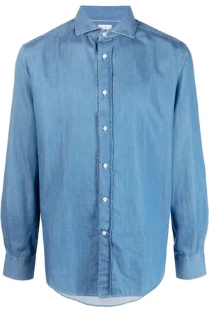 Brunello Cucinelli Koszule, Mężczyzna, Niebieski, L, Denim, Koszula z Denimu z Kołnierzykiem i Zapięciem na Guziki