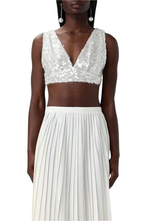 Serafini Koszulki, Kobieta, Beżowy, M, Elegant Sequin V-Neck Crop Top
