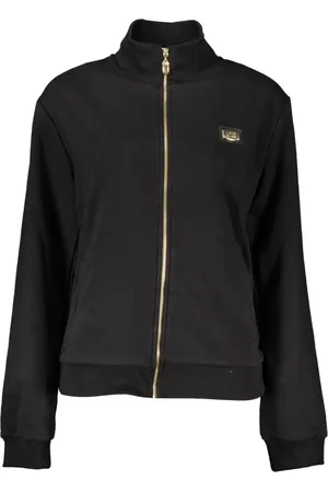 Roberto Cavalli Bluzy, Kobieta, Czarny, M, Czarna Bluza Damska z Zamkiem i Nadrukiem
