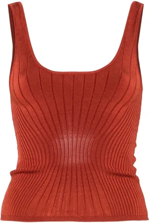 MUGLER Koszulki, Kobieta, Pomarańczowy, M, Nylon, Rdzawy Dzianinowy Bezrękawnik z Dekoltem na Ramiączka